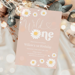 Blush Pink Boho Daisy Wild Ein 1. Geburtstag Party Einladung