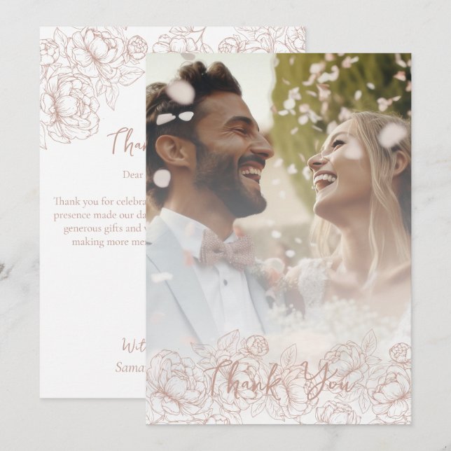 Blush Pink Boho Floral Moderne Elegantes Foto Dankeskarte (Vorne/Hinten)