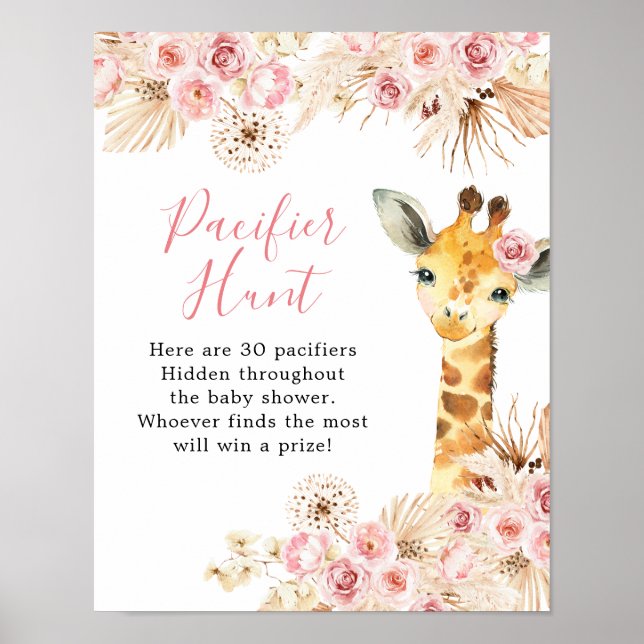 Blush Pink Boho Giraffe Baby Dusche Schnuller Jagd Poster (Vorne)