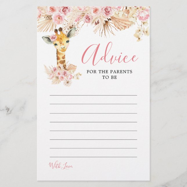 Blush Pink Boho Giraffe Baby Showcard (Vorderseite)