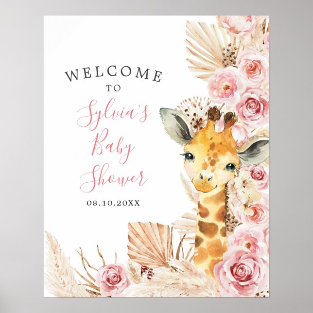 Blush Pink Boho Giraffe Babydusche Begrüßungszeich Poster (Vorne)