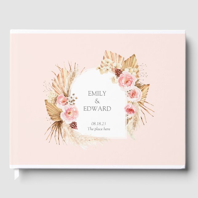 Blush Pink Boho Pampas Blumenbogen GUest Book Gästebuch (Vorderseite)