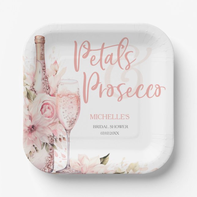 Blush Pink Boho Petals und Prosecco Floral Pappteller (Vorderseite)