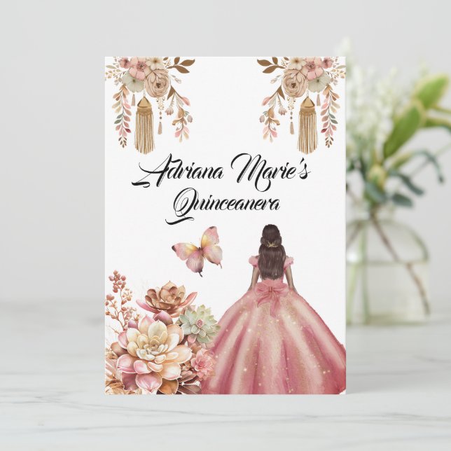 Blush Pink Boho Quinceanera Einladung (Stehend Vorderseite)