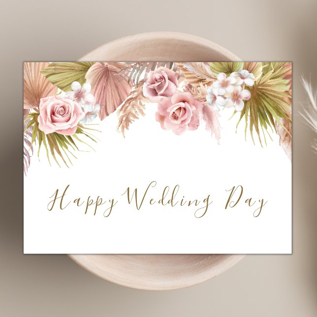 Blush Pink Boho Wildblume Theme Happy Wedding Day Karte (Von Creator hochgeladen)