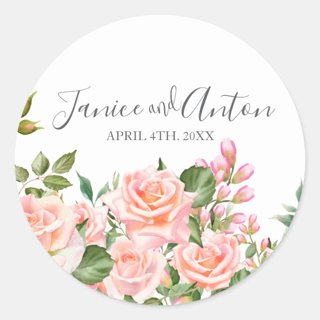 Blush Pink Botanical Wedding Script Runder Aufkleber (Vorderseite)