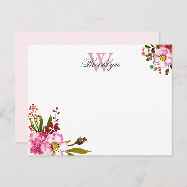 Blush Pink Botanische Mit Monogramm Karte (Vorne/Hinten)