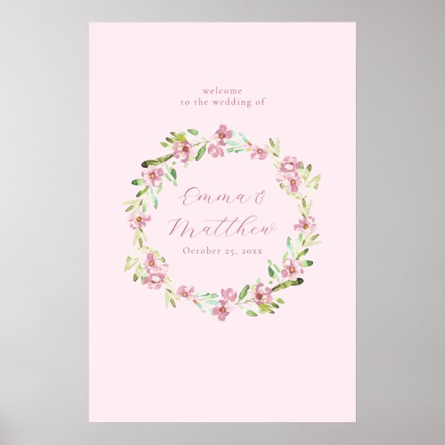 Blush Pink Botanischer Kranz Begrüßungszeichen Poster (Vorne)