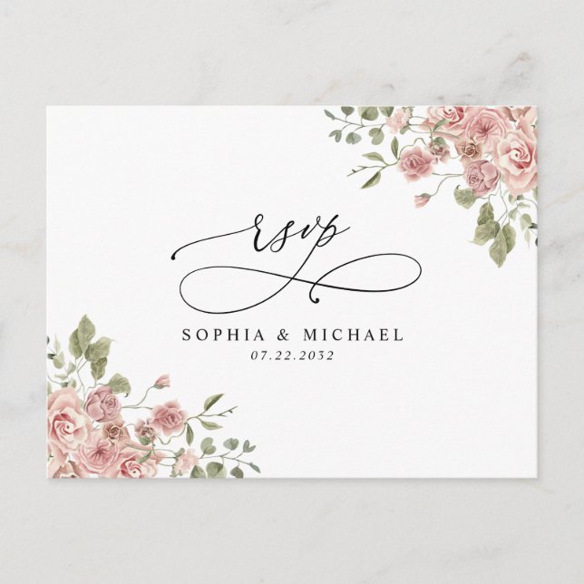 Blush Pink Botanischer QR Code Hochzeit RSVP Postkarte (Vorderseite)