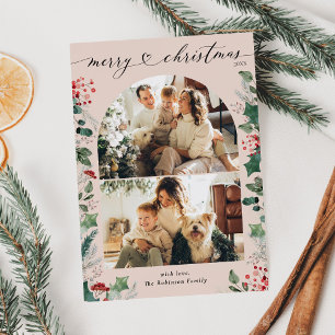 Blush Pink Botanisches Foto Frohe Weihnachtskarte Feiertagskarte