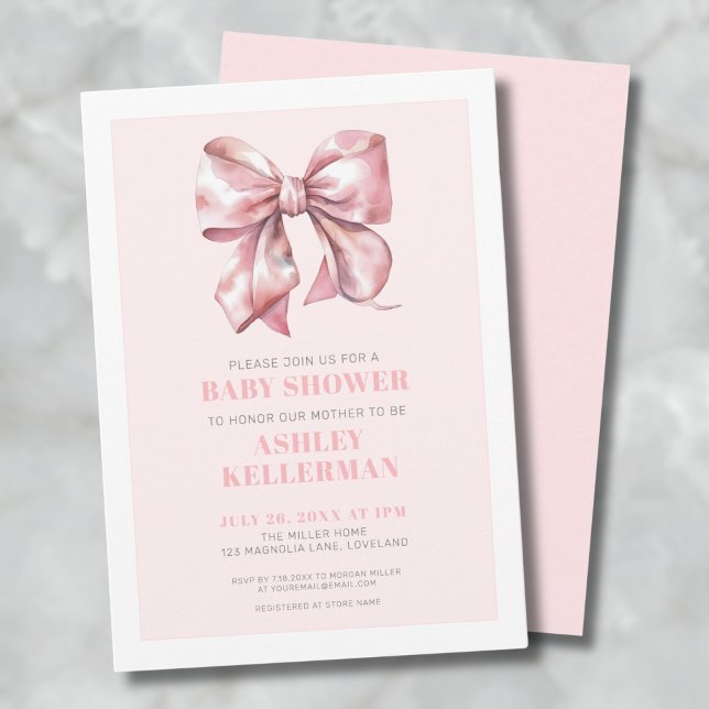 Blush Pink Bow Baby Dusche Einladung (Watercolor Pink Bow Baby Shower Invitation)