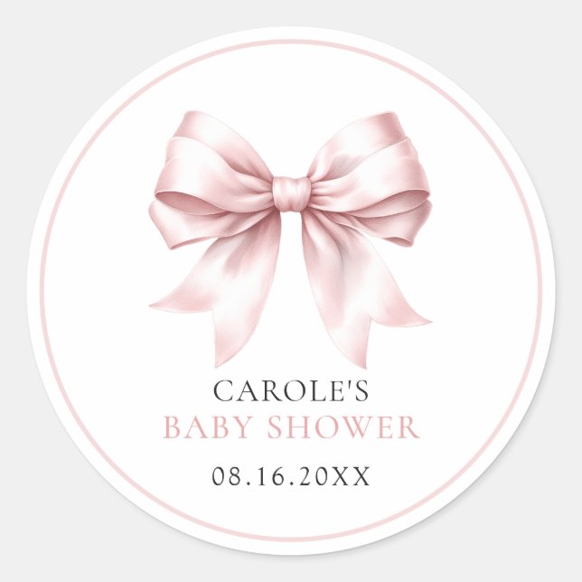 Blush Pink Bow Baby Girl Babydusche Runder Aufkleber (Vorderseite)
