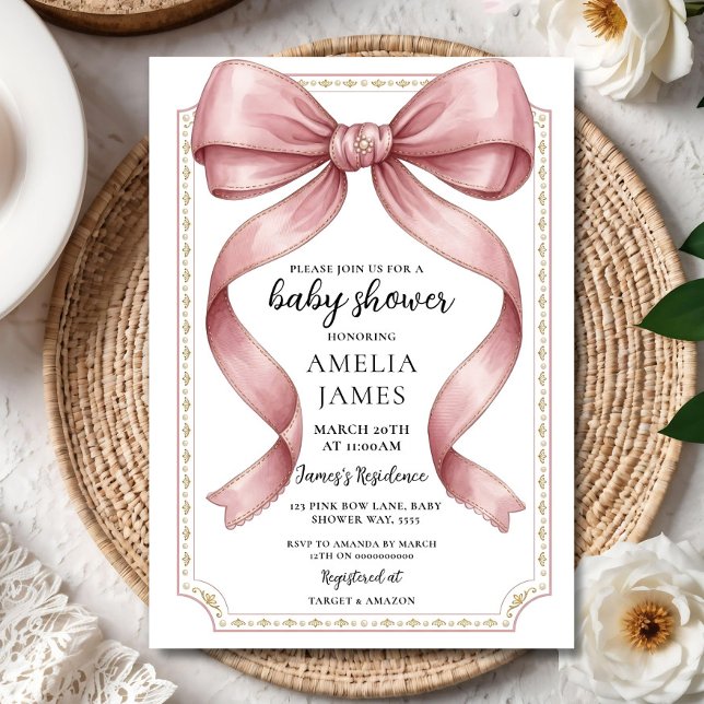 Blush Pink Bow Baby Shower Invitation Editable Ele Einladung (Von Creator hochgeladen)