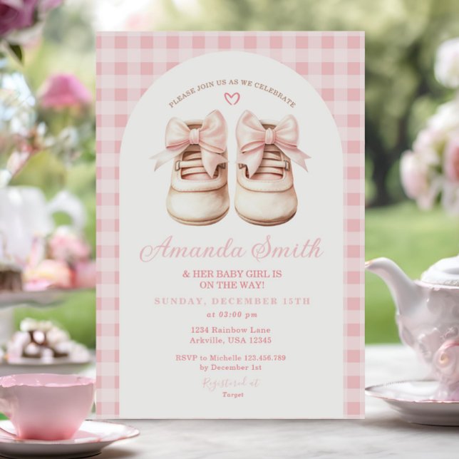 Blush Pink Bow Baby Shows Gingham Arch Baby Shower Einladung (Von Creator hochgeladen)