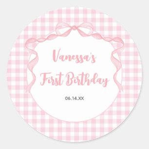 Blush Pink Bow Coquette 1. Geburtstag Runder Aufkleber