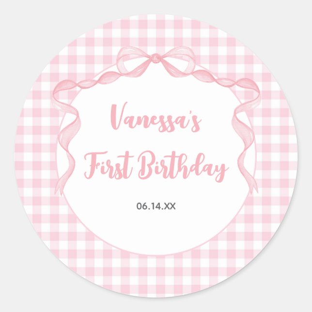 Blush Pink Bow Coquette 1. Geburtstag Runder Aufkleber (Vorderseite)