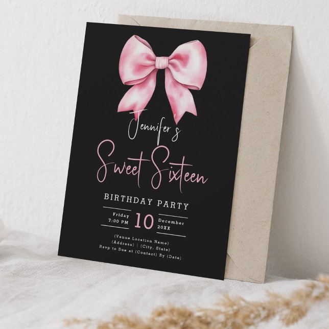 Blush Pink Bow Coquette Script Sweet 16 Black Einladung (Blush Pink Bow Coquette Script Sweet 16 Black Invitation)