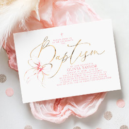 Blush Pink Bow Elegant Minimalist Girl Baptism Einladung