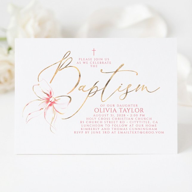 Blush Pink Bow Elegant Minimalist Girl Baptism Einladung (Pink Bow Girl Baptism Invitation)