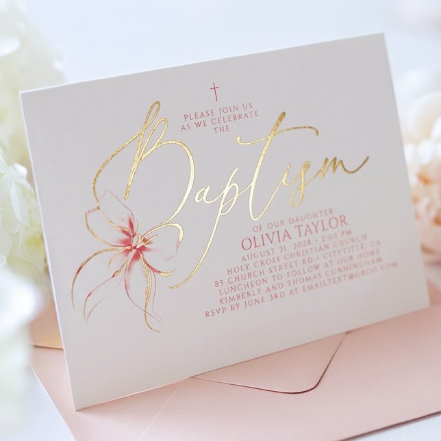 Blush Pink Bow Elegant Minimalist Girl Baptism Folieneinladung (Pink Bow Elegant Baptism Gold Foil Invitation)