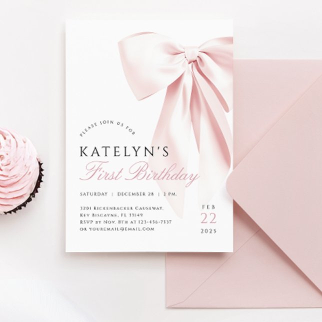 Blush Pink Bow Erster Geburtstag Einladung (Von Creator hochgeladen)