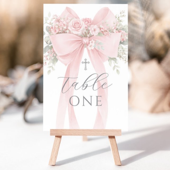 Blush Pink Bow Floral Baptism Table Number Einladung (Von Creator hochgeladen)