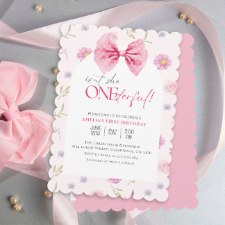Blush Pink Bow floral Girl 1. Geburtstag Einladung