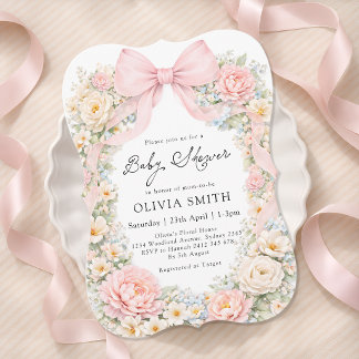 Blush Pink Bow Floral Girl Baby Shower Einladung