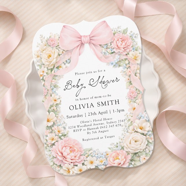 Blush Pink Bow Floral Girl Baby Shower Einladung (Von Creator hochgeladen)