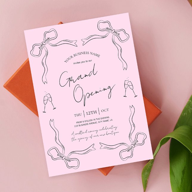 Blush Pink Bow Hand Drawn Business Grand Opening Einladung (Elegant hand drawn whimsical business grand opening event invitations in blush pink)