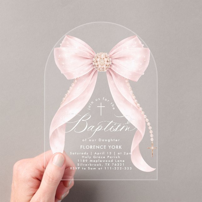 Blush Pink Bow Pearls Baby Girl Baptism Religious Acryleinladungen (Insitu (Handheld))