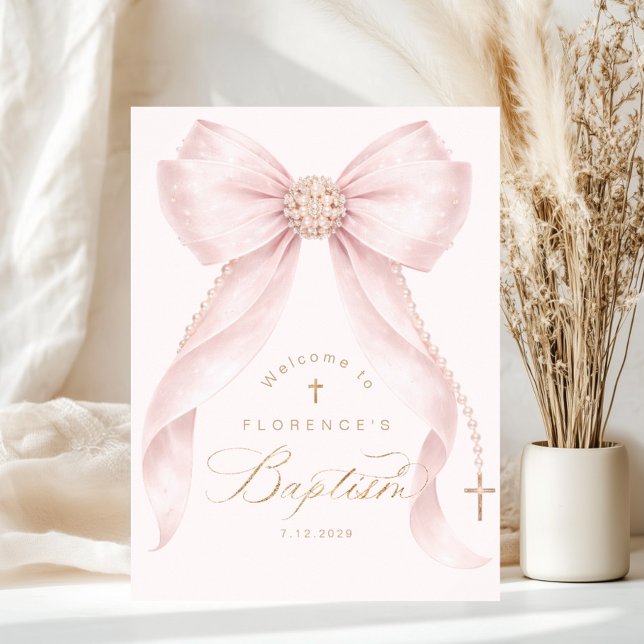 Blush pink Bow Pearls Girl Baptism Welcome Poster (Von Creator hochgeladen)