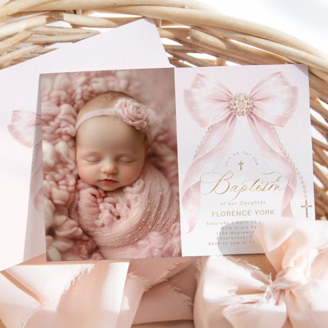 Blush Pink Bow Pearls Gold Cross photo Baptism Einladung (Von Creator hochgeladen)