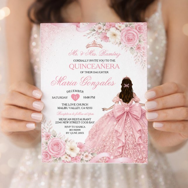 Blush Pink Bow Princess Floral Girl Quinceañera Einladung (Von Creator hochgeladen)