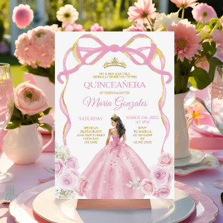 Blush Pink Bow Princess Gold Crown Quinceañera Einladung
