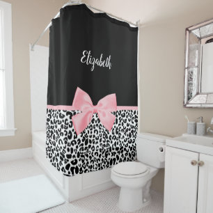 Blush Pink Bow Schwarz-weiß Leopard Druckmuster Duschvorhang