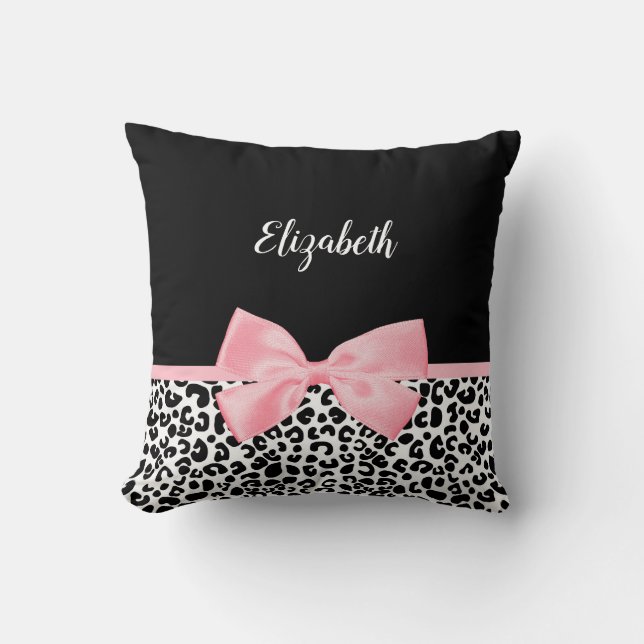 Blush Pink Bow Schwarz-weiß Leopard Druckmuster Kissen (Vorderseite)