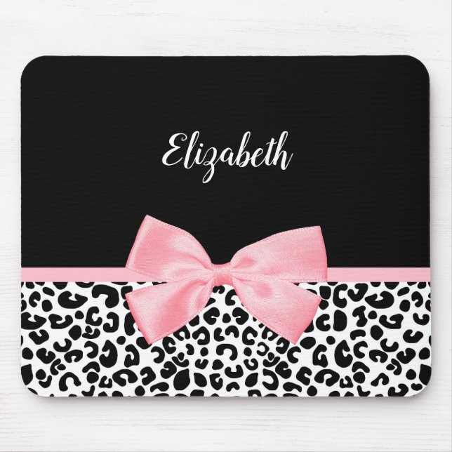 Blush Pink Bow Schwarz-weiß Leopard Druckmuster Mousepad (Vorne)