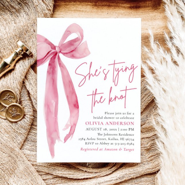 Blush Pink Bow Sie bindet das Brautparty des Knote Einladung (Watercolor Blush Pink Bow Coquette She's Tying the Knot Bridal Shower Invitation)