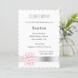 Blush Pink Bow Silver Glam Ribbon Geburtstag Einladung