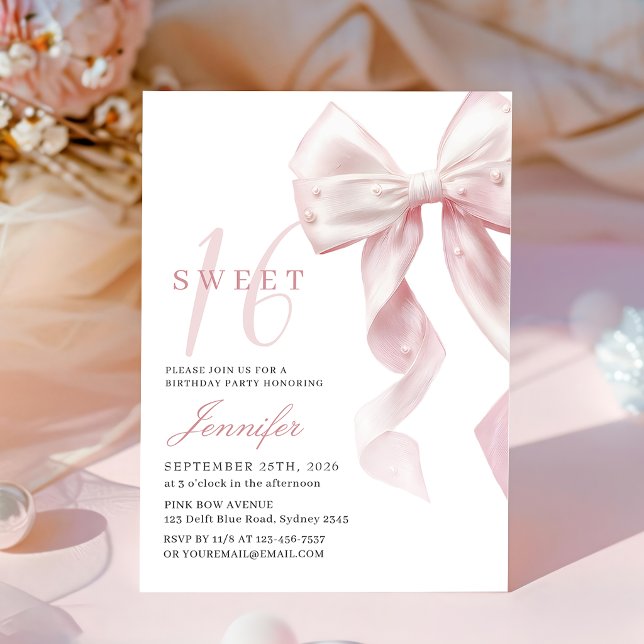 Blush Pink Bow Sweet 16 Birthday Invitation Einladung (Von Creator hochgeladen)