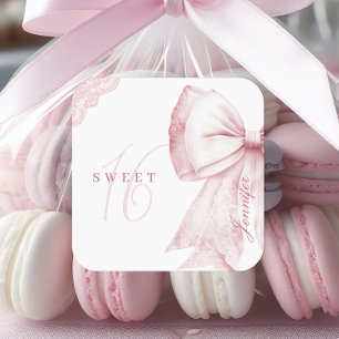 Blush Pink Bow Sweet 16 Birthday Quadratischer Aufkleber