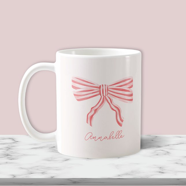 Blush Pink Bow und Vorname Kaffeetasse (Blush pink striped bow mug with script name or choice of text.)
