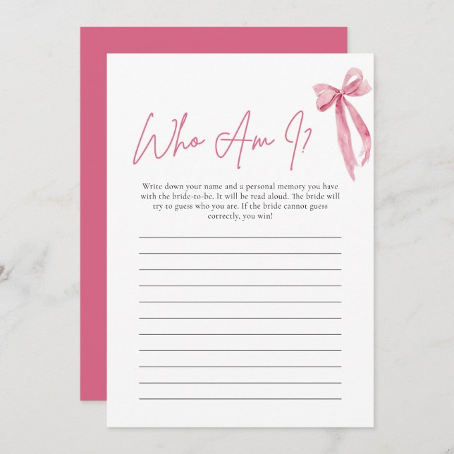 Blush Pink Bow Who I Brautparty Game Card Einladung (Vorne/Hinten)