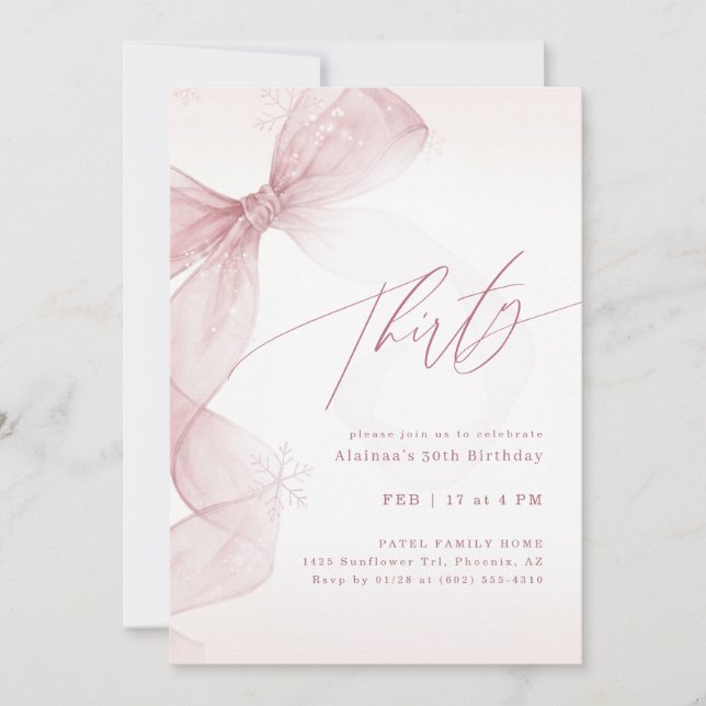 Blush Pink Bow Winter Girls Thirty 30th Birthday Einladung (Vorderseite)