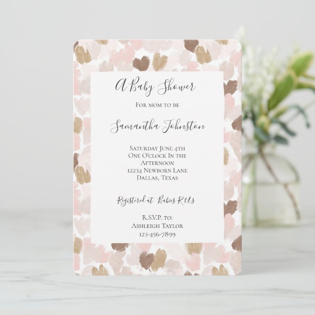 Blush Pink Brown Cream Hearts Baby Shower Einladung (Stehend Vorderseite)