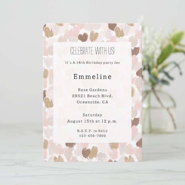 Blush Pink Brown Cream Hearts Birthday Einladung (Stehend Vorderseite)