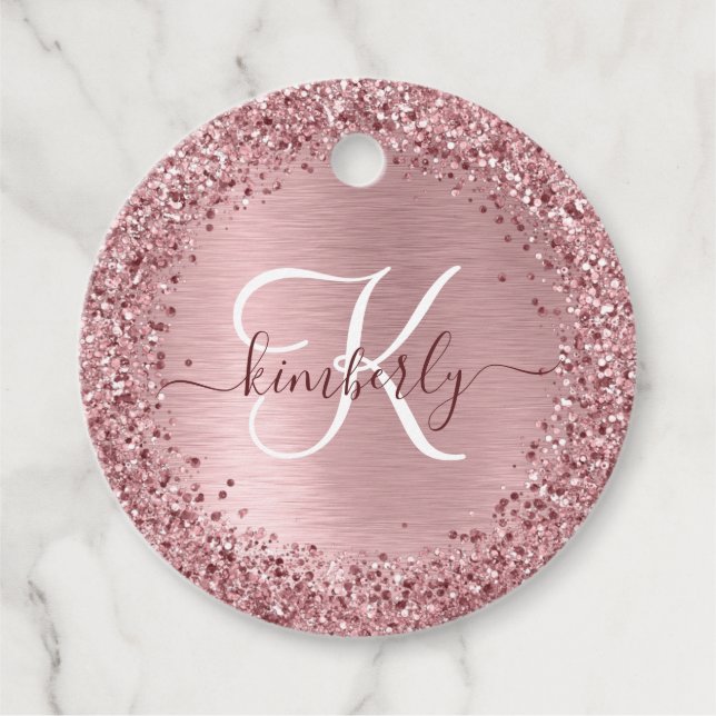 Blush Pink Brushed Metal Glitter Monogram Name Geschenkanhänger (Vorderseite)