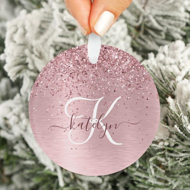Blush Pink Brushed Metal Glitter Monogram Name Ornament (Von Creator hochgeladen)