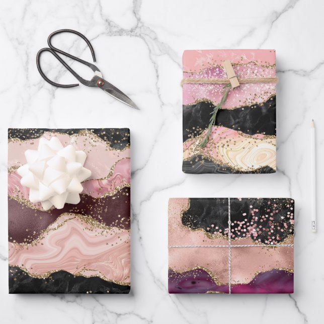 Blush Pink Burgundi Gold Black Glitzer Geschenkpapier Set (Vorderseite)